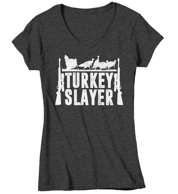 Women's V-Neck Funny Hunter T Shirt Thanksgiving Shirt Turkey Slayer Shirt Turkey Hunting Tshirt Thanksgiving T-Shirt-Shirts By Sarah