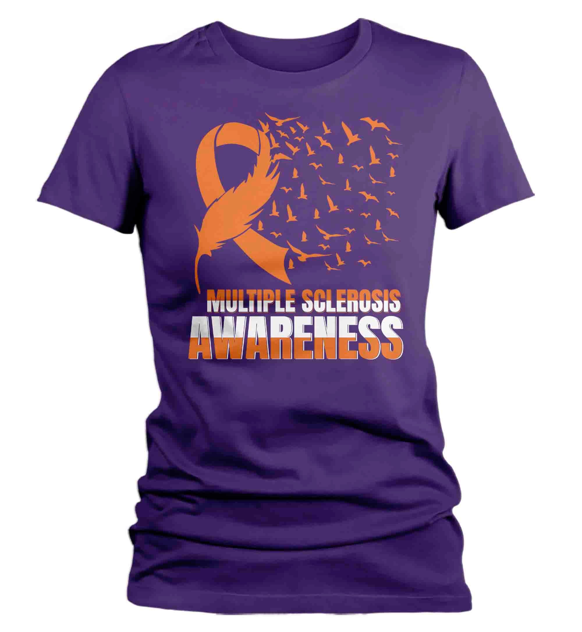 Women's Multiple Sclerosis Shirt MS Awareness T Shirt Orange Ribbon Feather Birds Hope Tshirt Gr