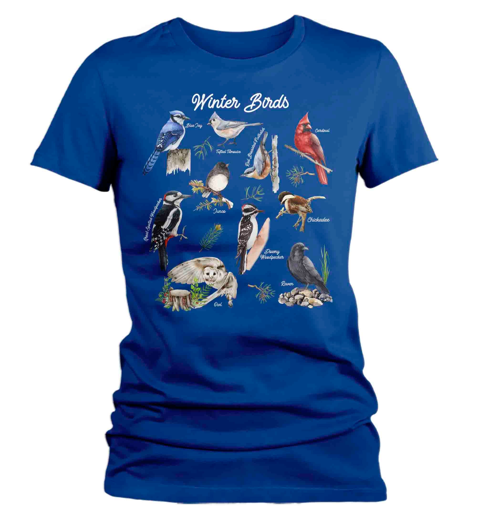 Women's Bird Shirt Winter Birds T Shirt Cardinal Blue Jay Woodpecker TShirt Bird Watcher Gift Fo