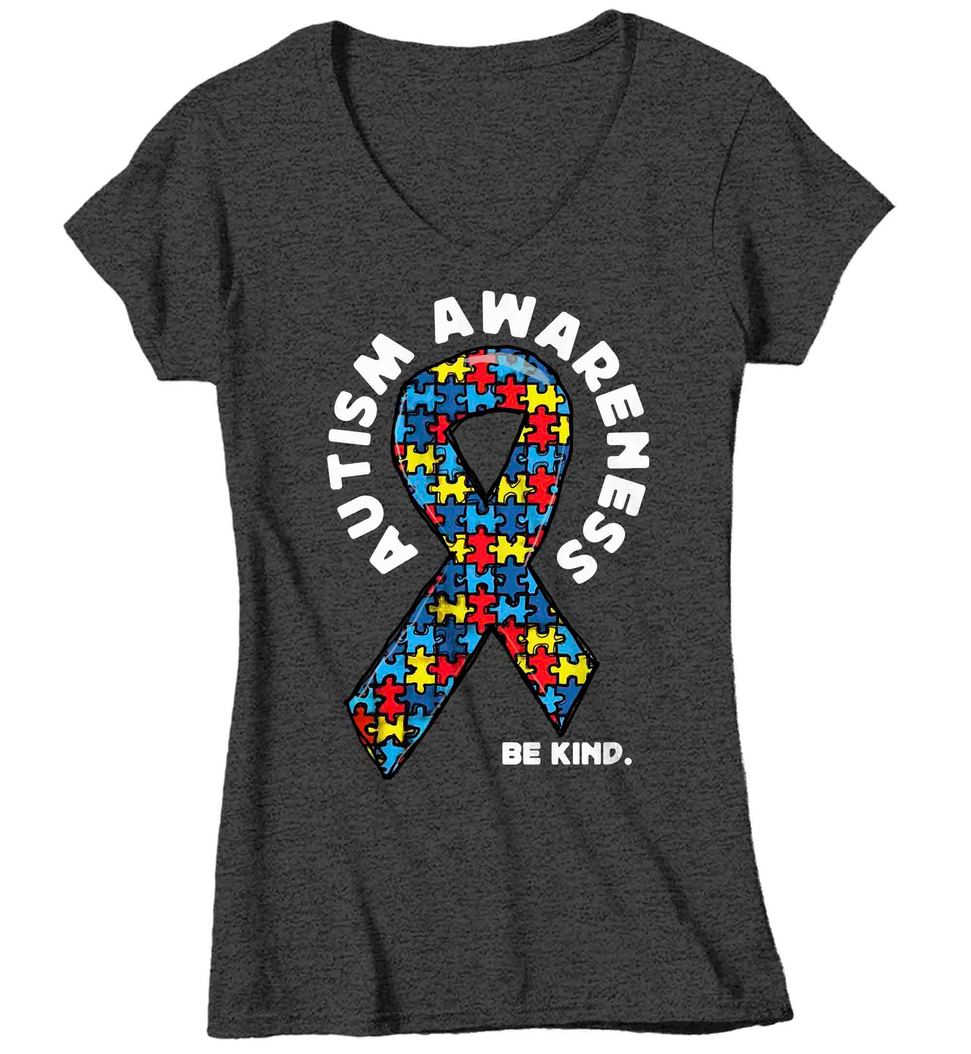 Women's V-Neck Autism Shirt Puzzle Ribbon Awareness T Shirt Neurodiversity Divergent Asperger