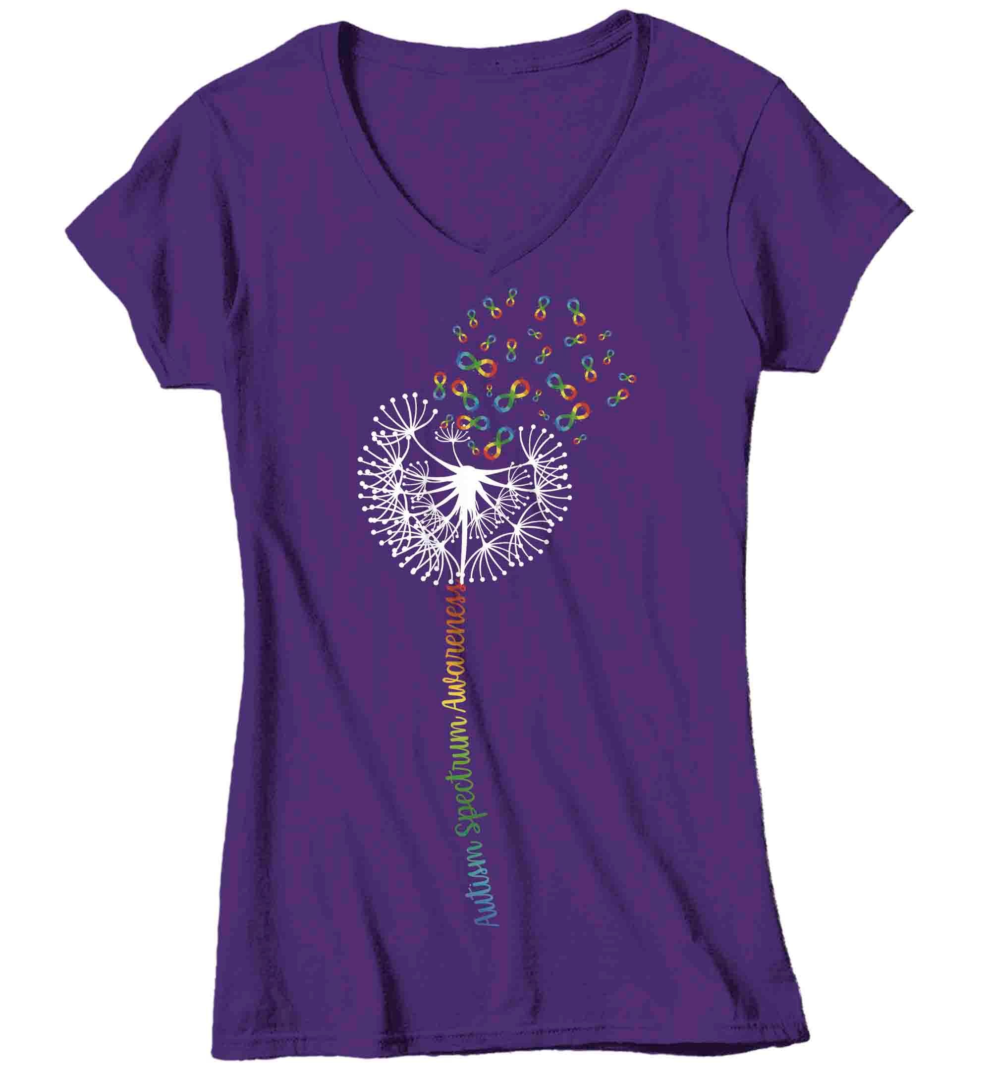 Women's V-Neck Autism Shirt ASD Dandelion Spectrum Support T Shirt Vintage Infinity Rainbow Gift