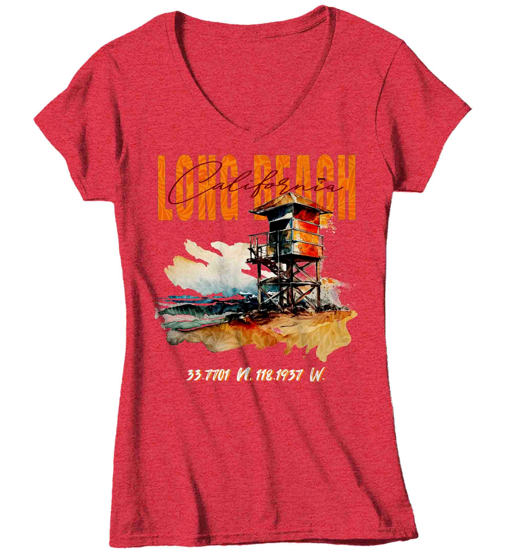 Women's V-Neck Long Beach Shirt Vacation Shirt Trip Reunion Life Guard Stand California CA T-Shi