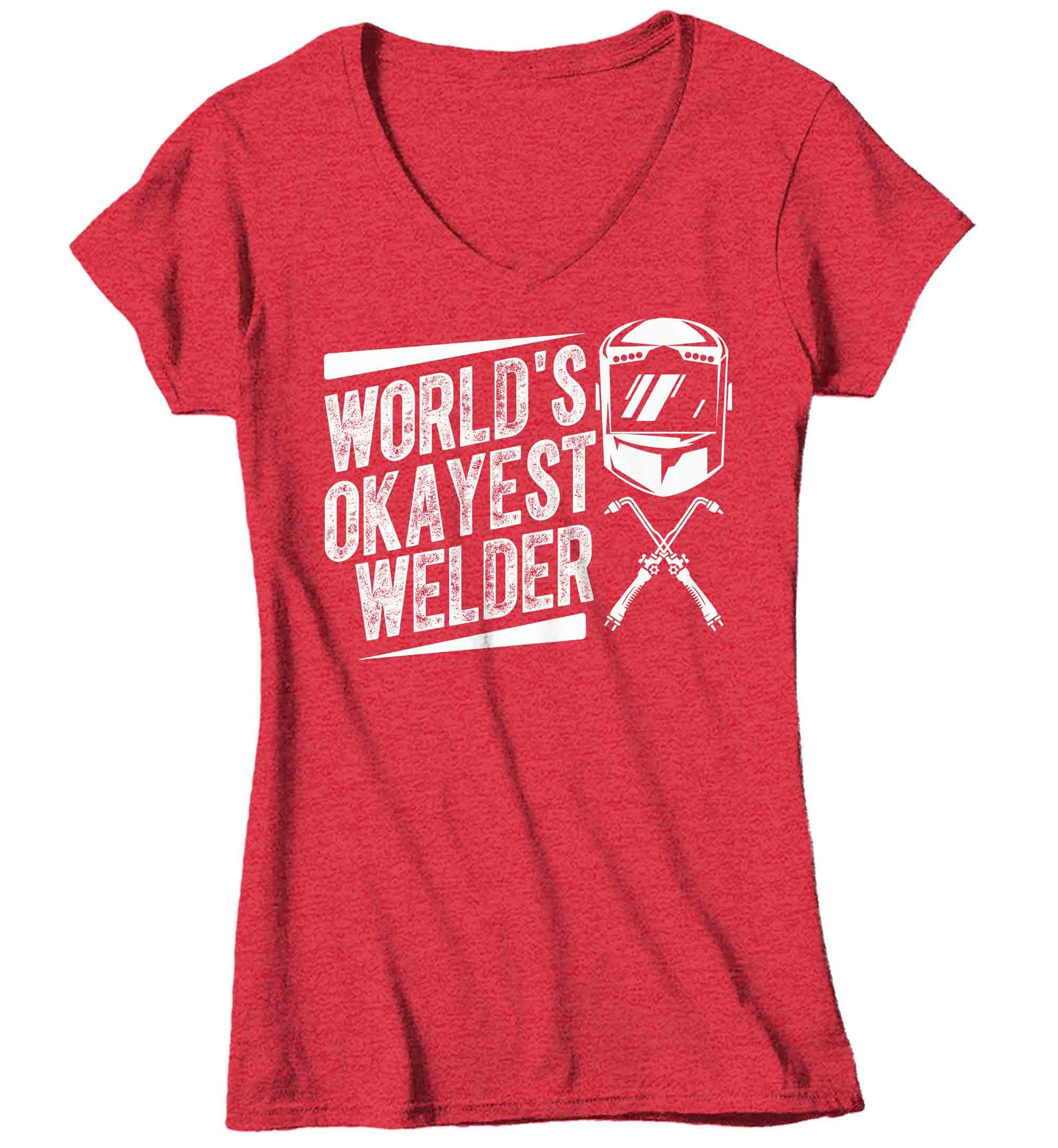 Women's V-Neck Funny Welding T Shirt World's Okayest Welder Shirt Welding Metal Worker Shirt