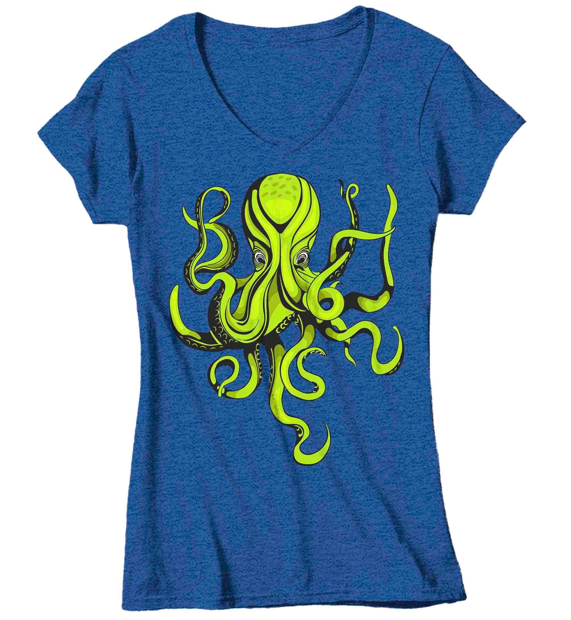 Women's V-Neck Yellow Octopus Shirt Illustration Grunge Streetwear Octopus Drawing Graphic Tee N