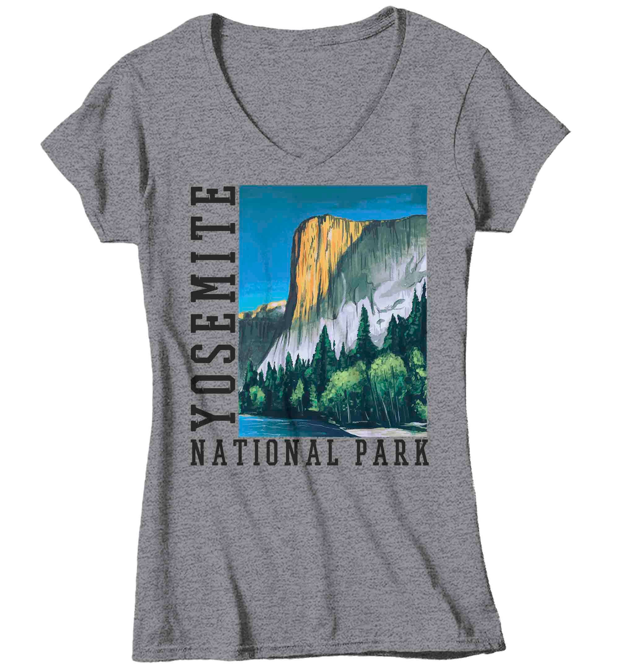 Women's V-Neck Yosemite National Park Shirt Nature TShirt Illustrated Painting Print Valley Camp