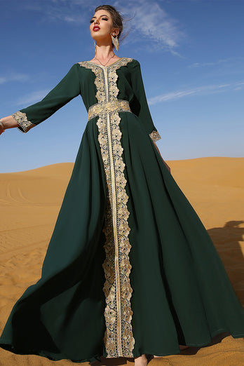 Vert foncé manches longues Caftan Marocain avec appliques