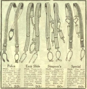 Different types of Suspenders in 1918. Police, Easy slides, Simpsons and Special Bretels. 