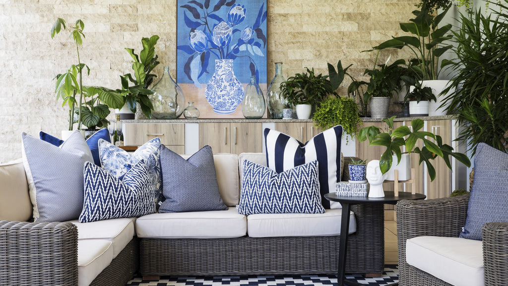 Interior design ideas for undercover patio with blue and white - using FibreGuard fabrics to ensure UV protection