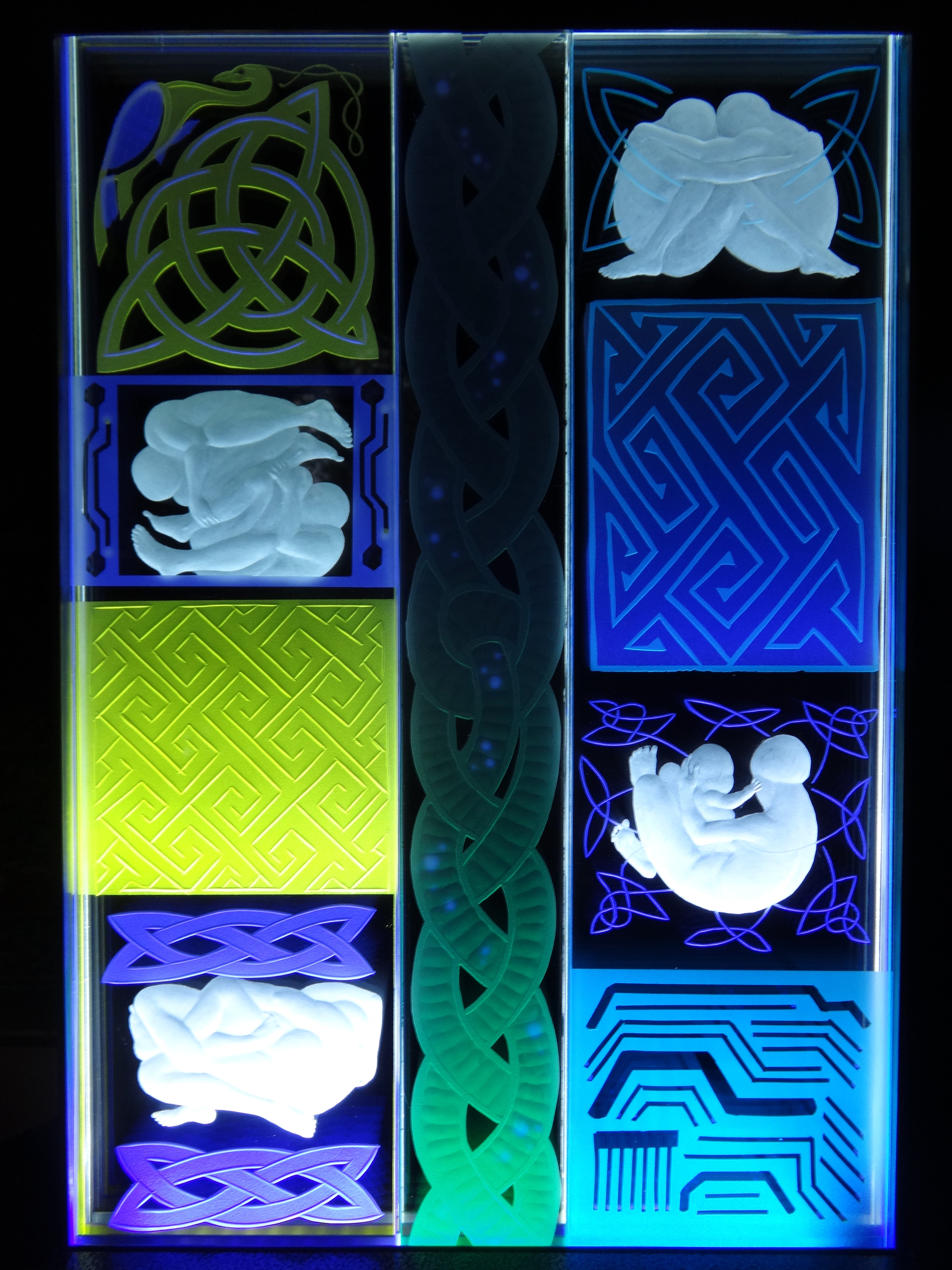 Alison Kinnaird, Family Tree, Wheel engraved optical glass, sandblasted, glass paint, LED light and steel mount, £5,625. SOLD - available to commission