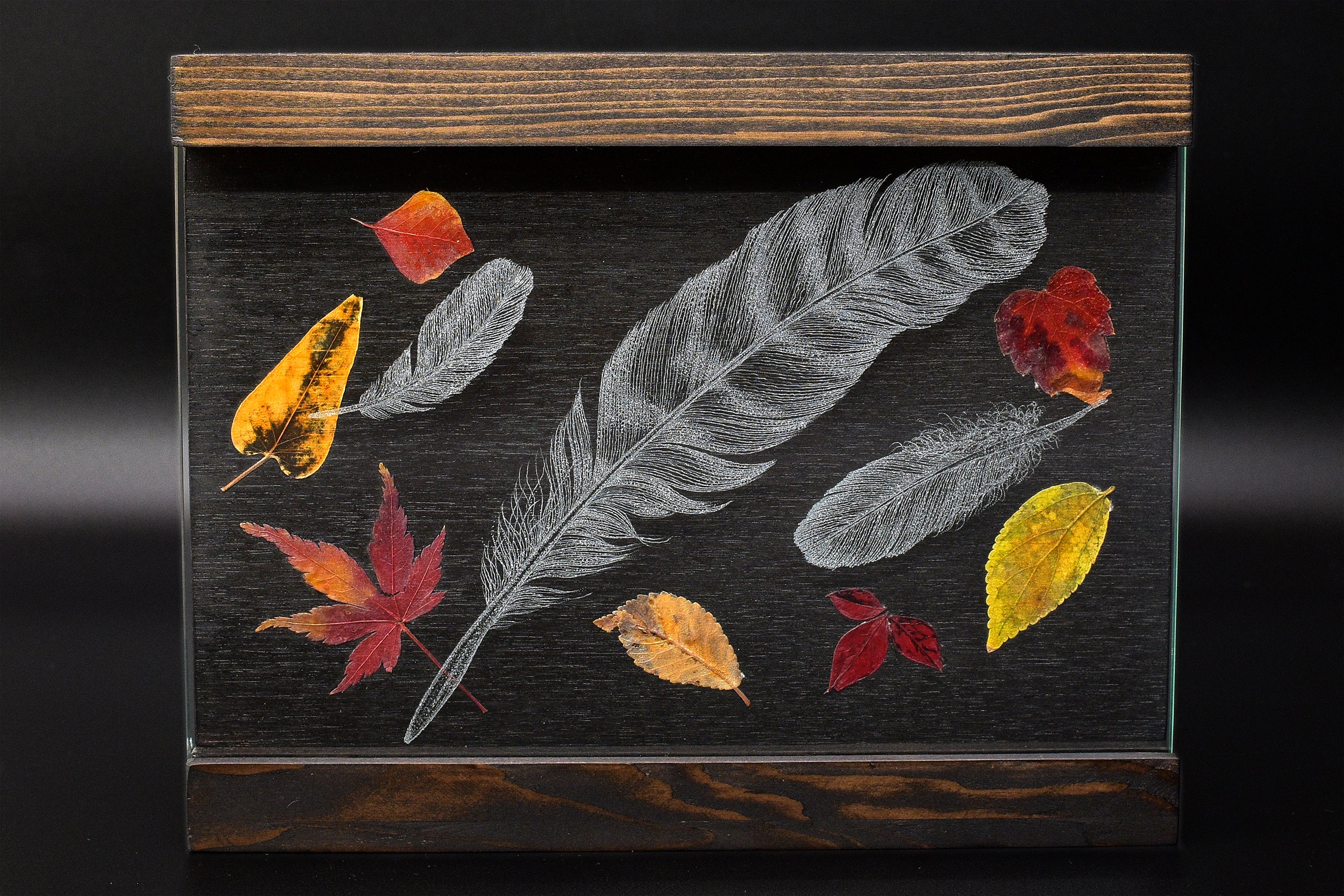 Dominic Fondé and Junko Tominaga, Hane 羽根 Feather, Drill engraved sheet glass, dried pressed leaves, handmade wooden frame, £500