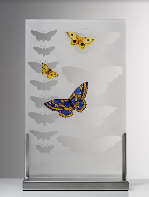 Alison Kinnaird, Butterflies, Optical glass, wheel engraved and sandblast, glass paint and steel mount, £2,125