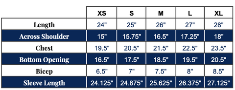 Grading table for Ajax Cardigan