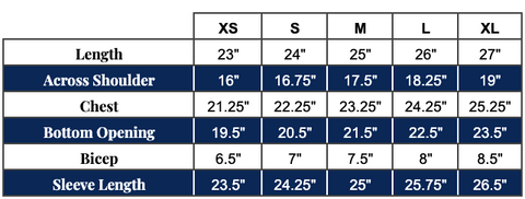Size grading chart for Arnod Zip sweater