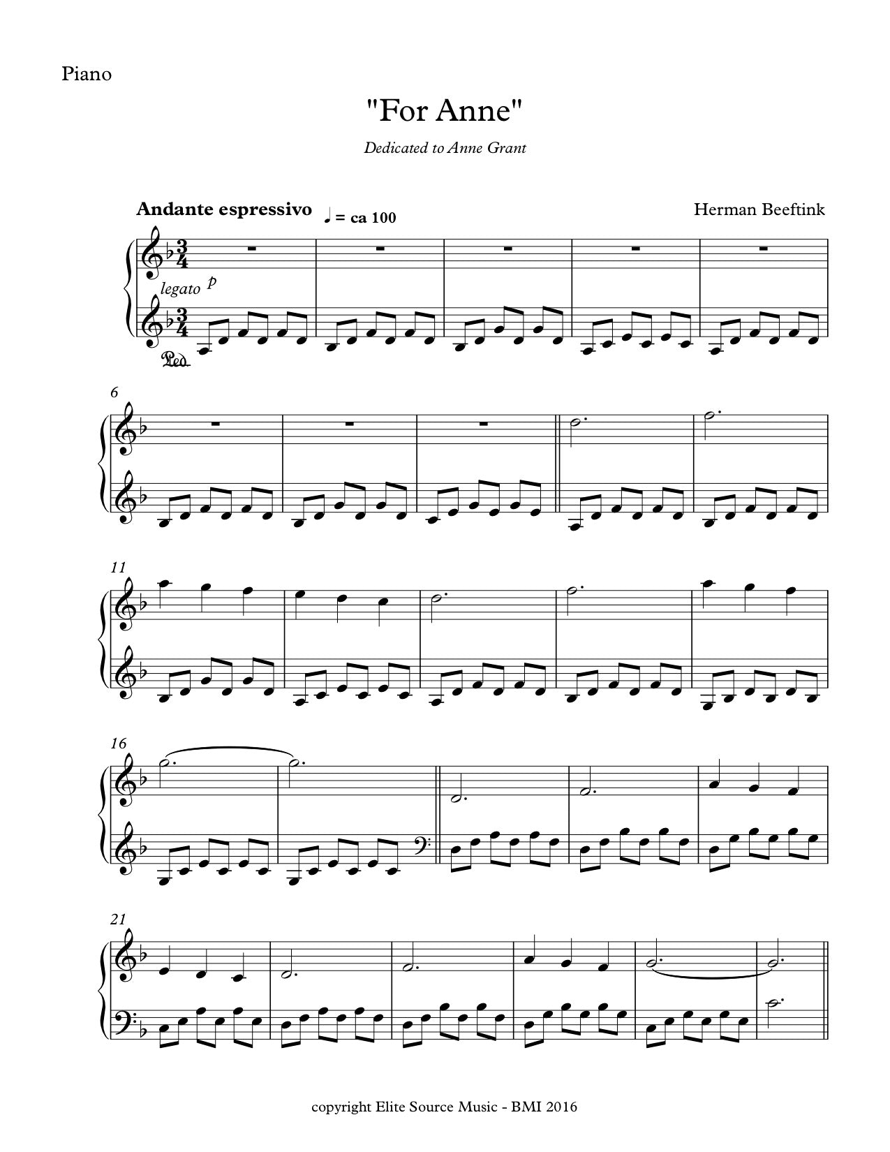 FOR ANNE | Piano Solo | by Herman Beeftink | Sheet Music (DIGITAL DOWN ...