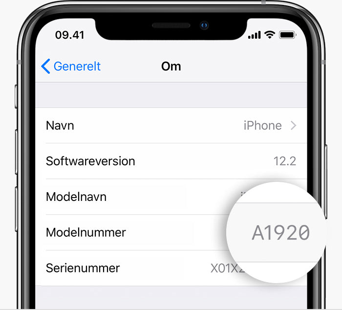 En iPhone der viser model nummeret i instillinger