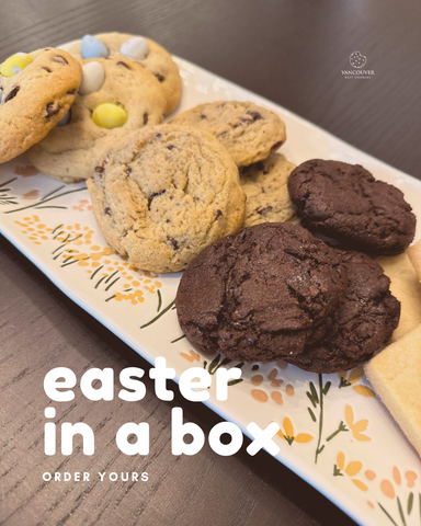 creamic tray with easter themed cookies. title says "easter in a box. Orders yours"
