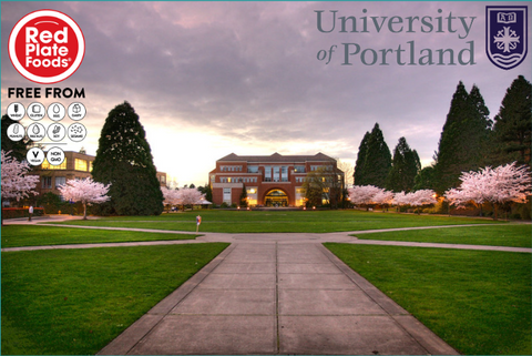 University of Portland Quad with Red Plate Foods and University of Portland logos
