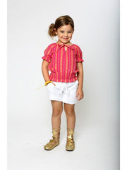 White stripped shorts with Pink vertical stripe blouse