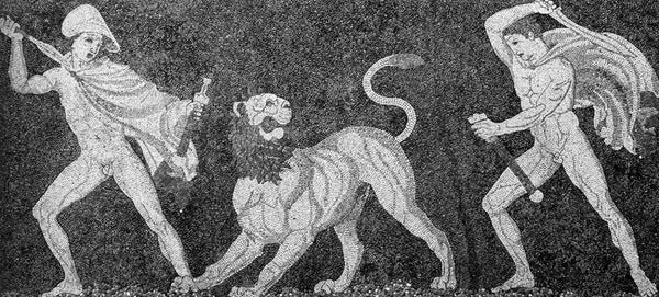 Ancient art: a blatantly non-representational mosaic of Alexander the Great fighting a Lion