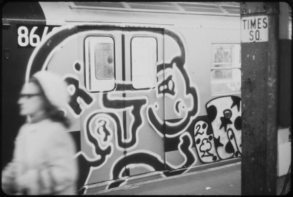 A NY subway train with graffiti