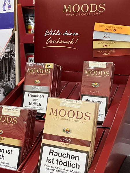 MOODS cigarillo stand, featuring BLKBK's font Mighty River