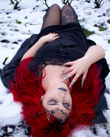 Elena wearing Dare Fashion Renaissance Corset Dress in Black - Fallen Princess in snow