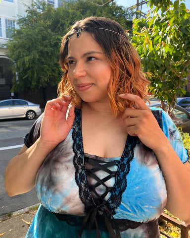 Andressa wearing Dare Fashion Angel Dress in Seascape Tie-Dye