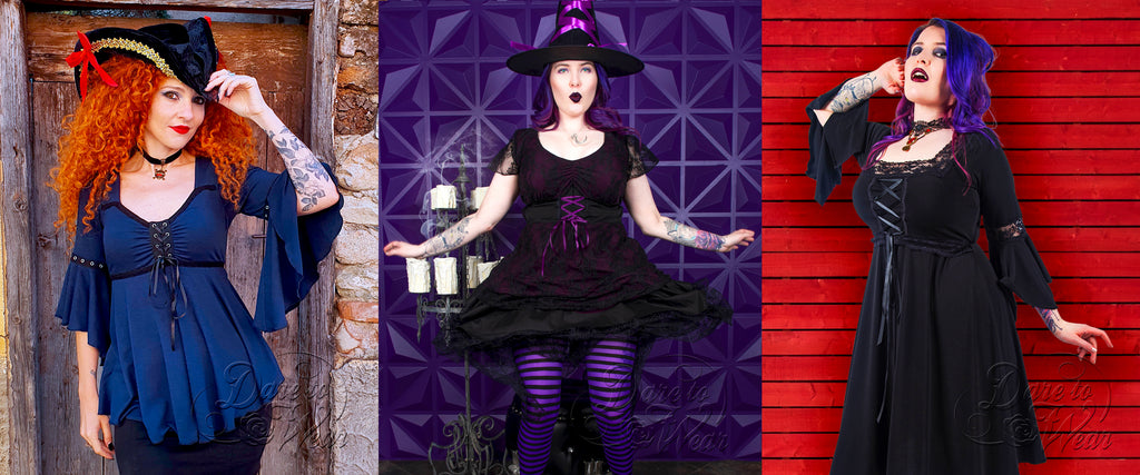 Red head model wearing Buccaneer Pirate Costume featuring Ophelia in Midnight, Summer Succulence jumping for joy in Enchantress Witch Costume featuring Sweetheart top in Purple, Summer in Eternal Vampire costume featuring Renaissance Dress in Black