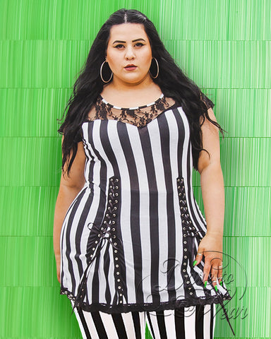 Beetlejuice Costume using Dare Fashion Roxanne Top and Peached Leggings