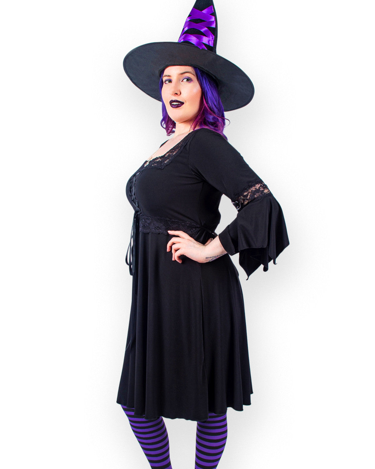 Dare Fashion Adult Gothic Witch Costume Black Corset Dress Red Hat Tights