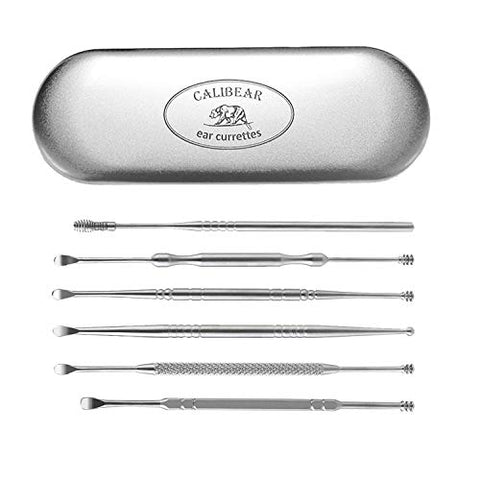 Calibear Ear Curette Earwax Removal Kit - Professional Quality Stainless Steel Set of 6 pcs Ear Picks Ear Curettes in a Tin Storage Box - Comfortable Efficient Ear Wax Removal Ear Wax Cleaning