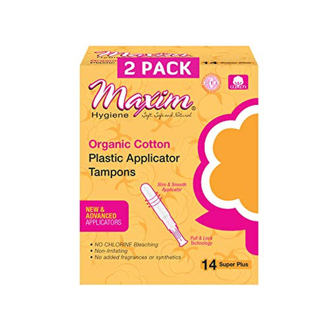 Maxim Organic Cotton Tampons, BPA Free Plastic Applicator Tampon, SUP+, 28ct, No Chlorine/Dioxin/Chemical, ICEA Approved, Organic Natural Tampons, Easy to Use Applicator, Organic Super Plus Tampon