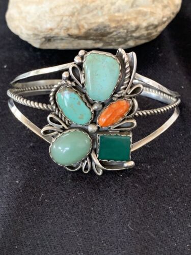 Native Am Navajo Sterling Silver Spiny Oyster Green Turquoise Cuff Bracelet 342