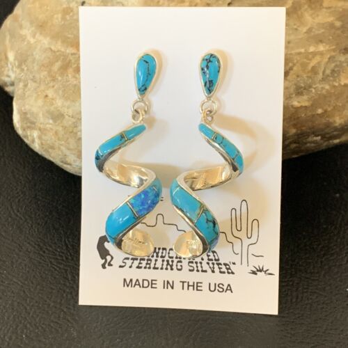 Navajo Native Am Swirl Blue Turquoise Inlay Sterling Silver Earrings 1.25" 12019