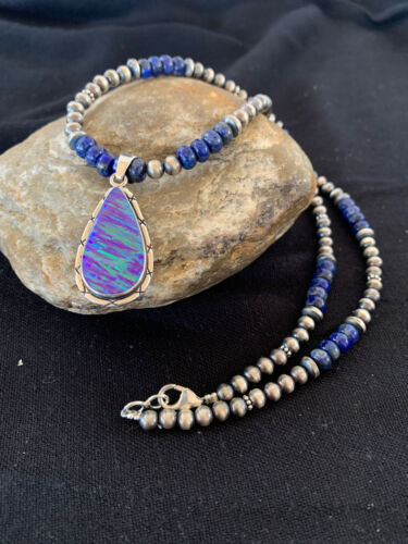 Native American Navajo Sterling Silver Purple OPAL LAPIS Necklace Pendant Set592