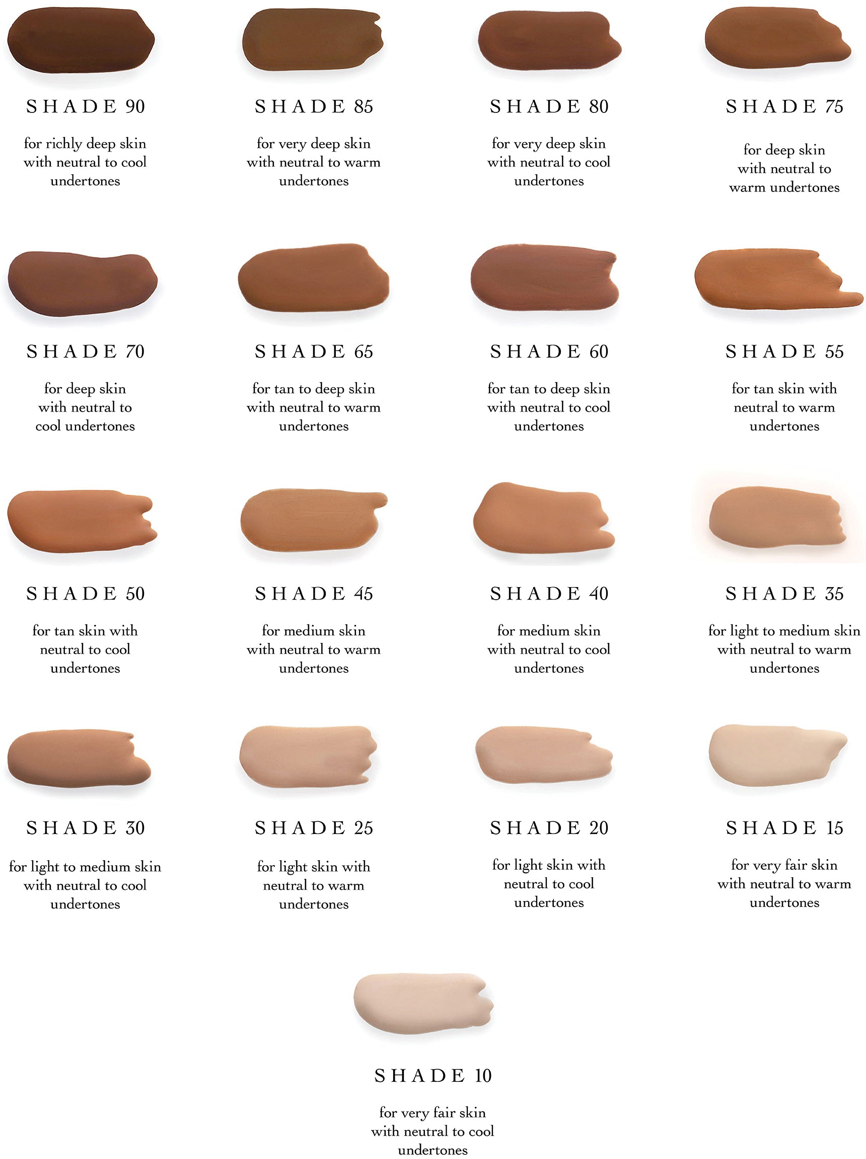 Tinted Oil Serum Foundation all shade color examples shades 10-90