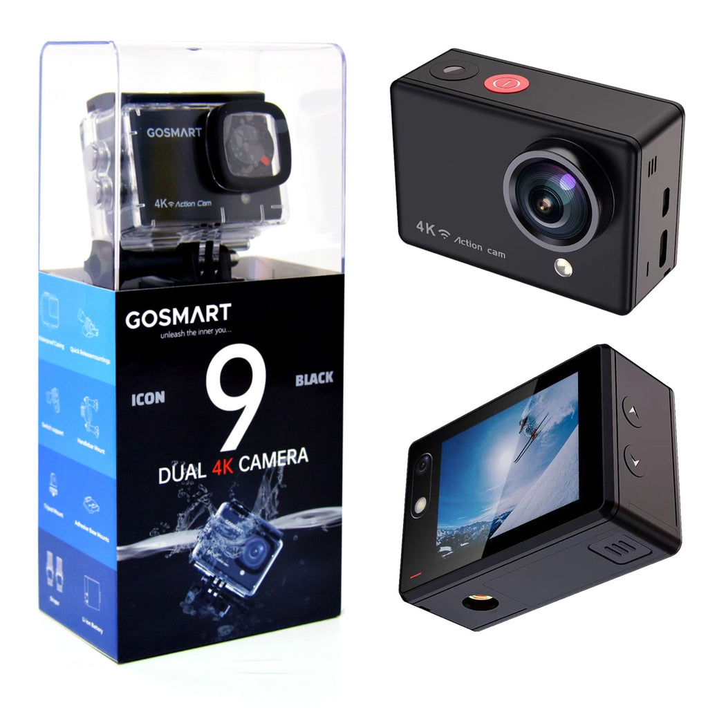 GOSMART Icon 9 Dual 4K Sports Action Camera, 1080p Ultra HD Waterproof Dual Camera with Flashlight Camcorder, Black
