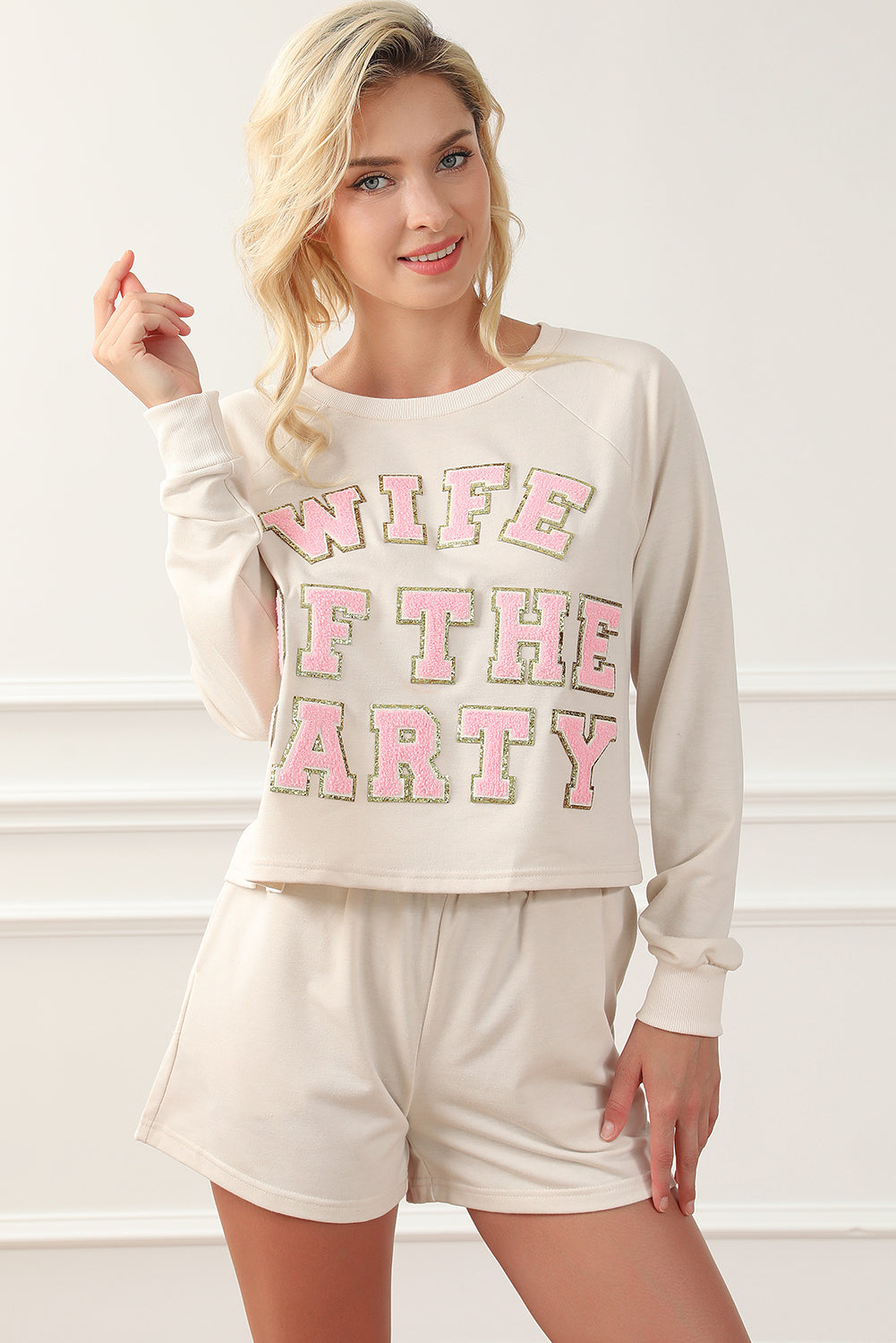 Womens Pajamas with Slogan | Apricot Letter Print Long Sleeve Top and Shorts Lounge Outfit