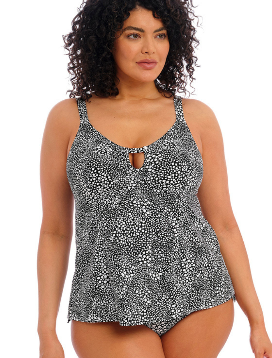 Elomi Pebble Cove Tankini Top Non Wired Cups | Tankini Swimwear in Black | Animal Print Tankini Tops