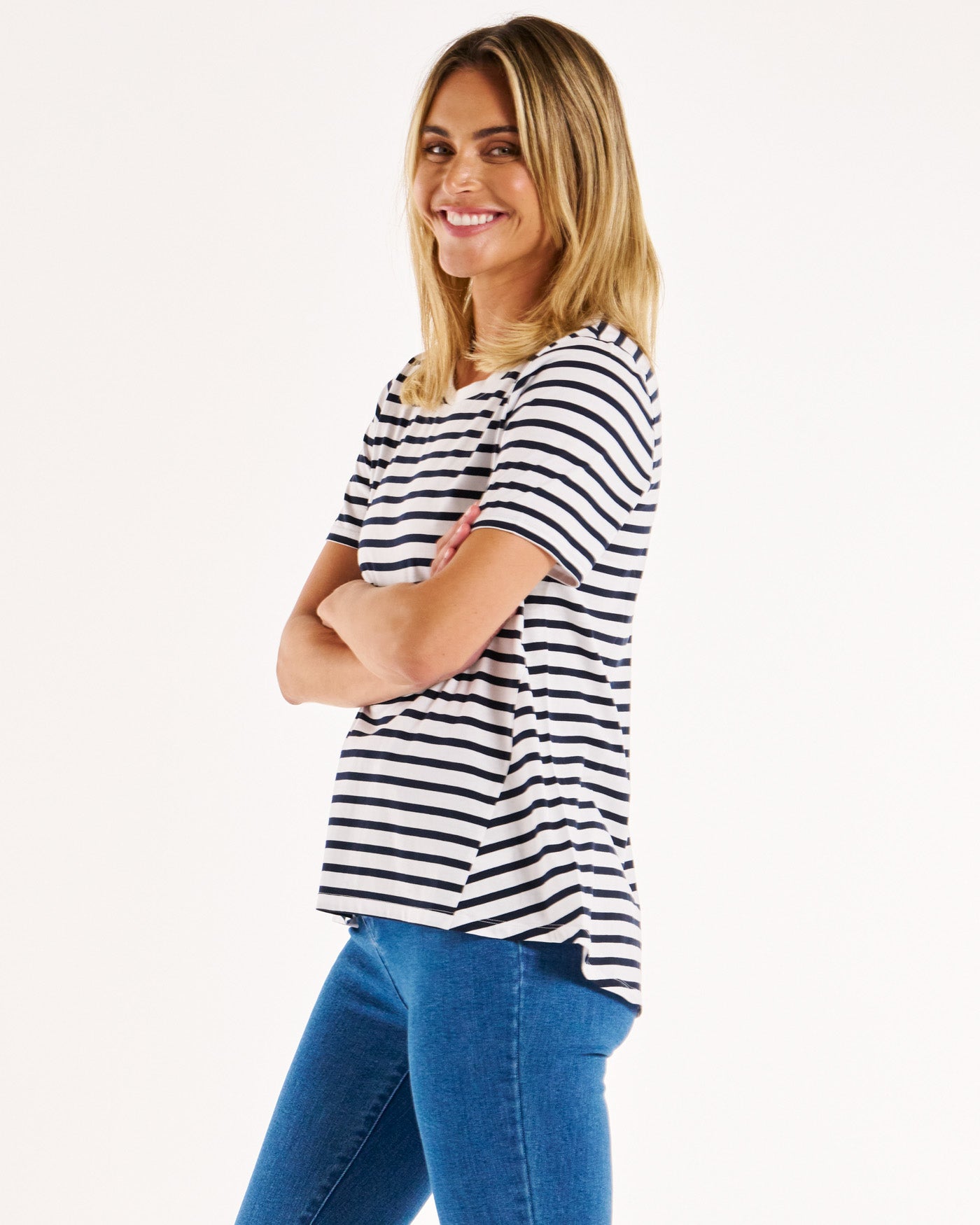 Hamilton 100% Australian Cotton Scoop Neck Trapeze Basic Tee - Blue/White Stripe