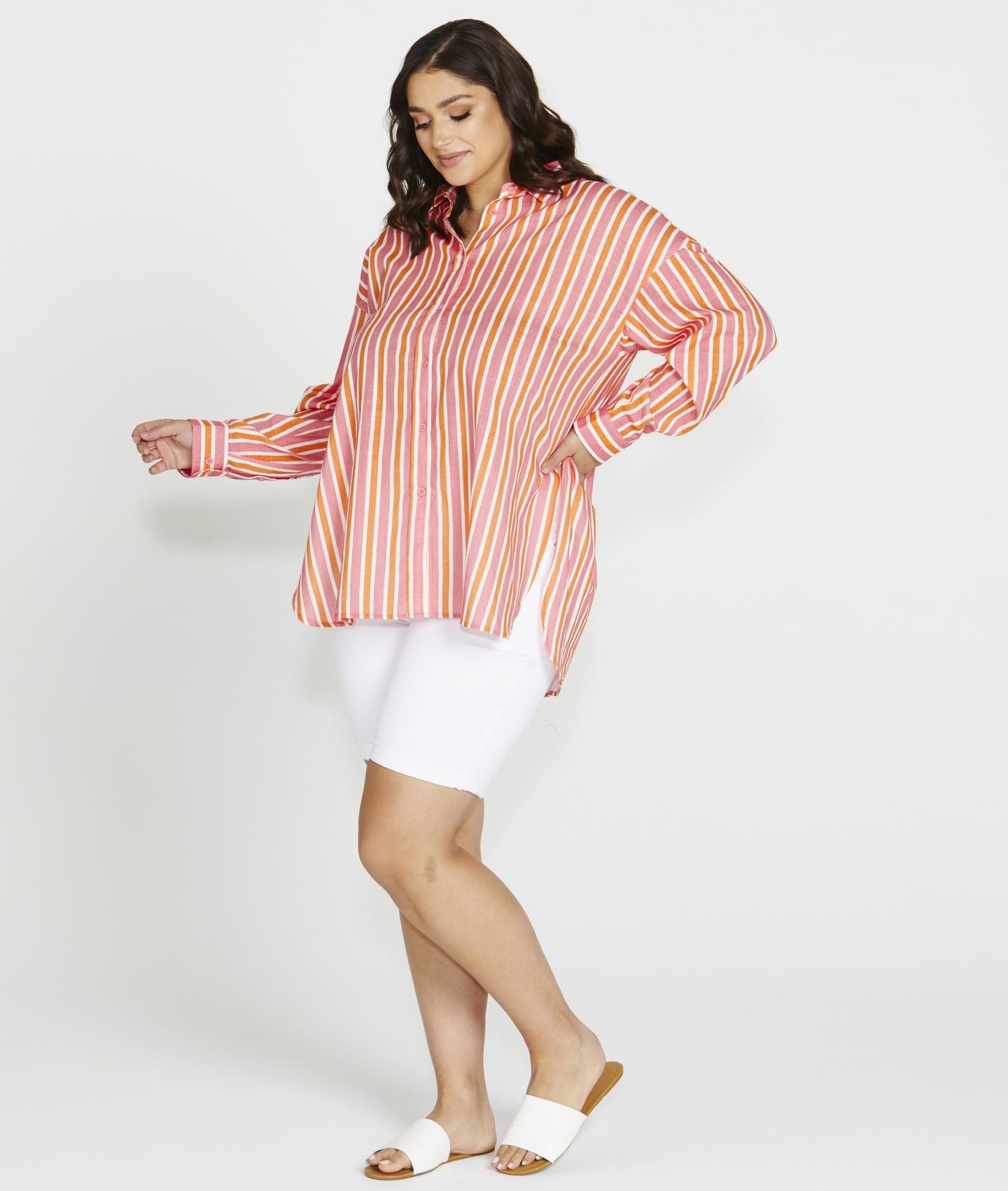 Quinn Oversized Relaxed Button-Up Cotton Shirt - Sundown Stripe Pink/Orange