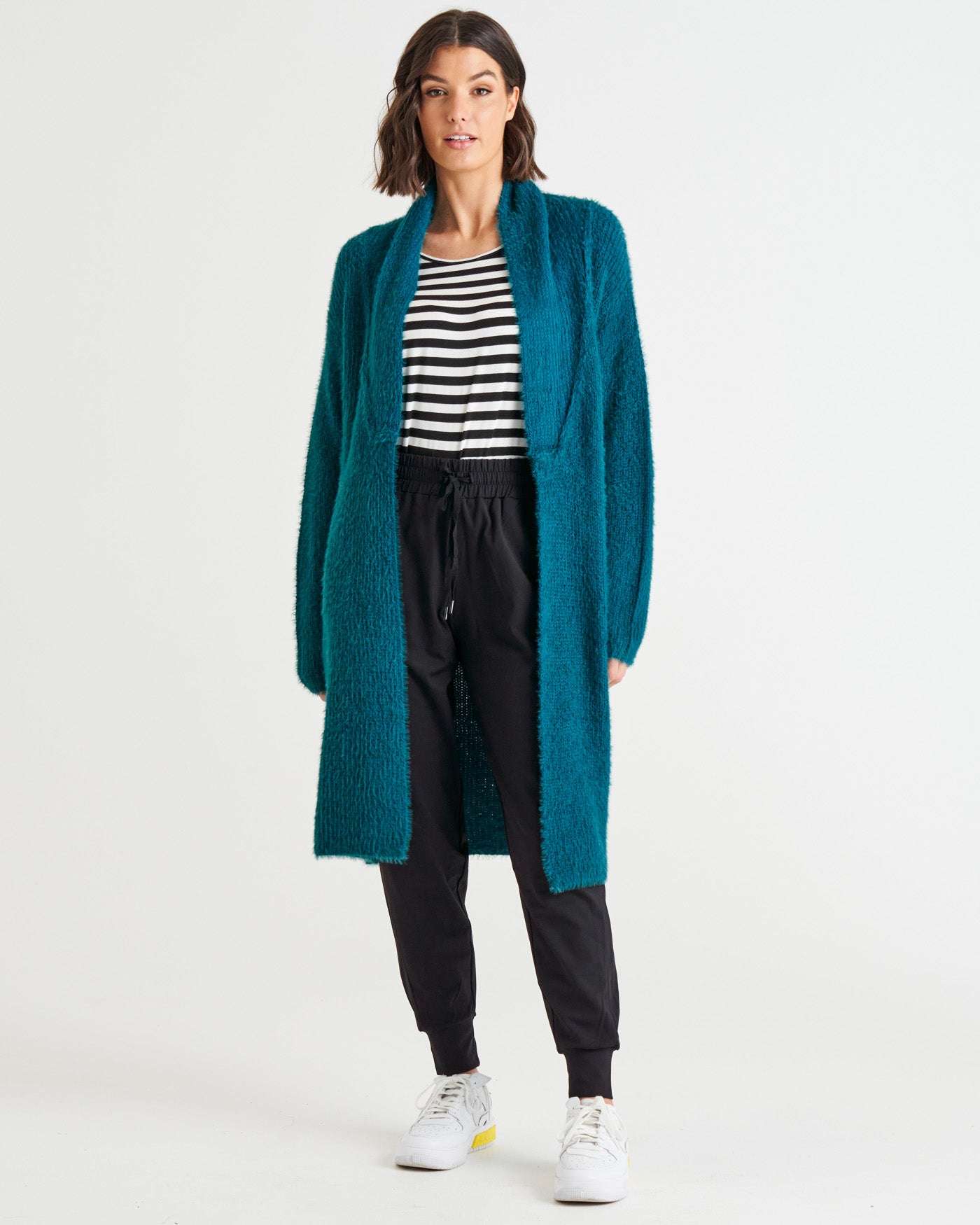 Mia Fluffy Shawl Midi Cardigan - Smokey Teal