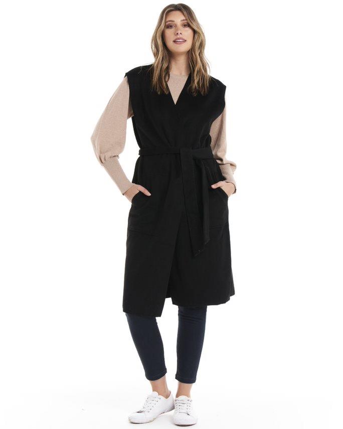 Alicia Belted Sleeveless Coat - Black