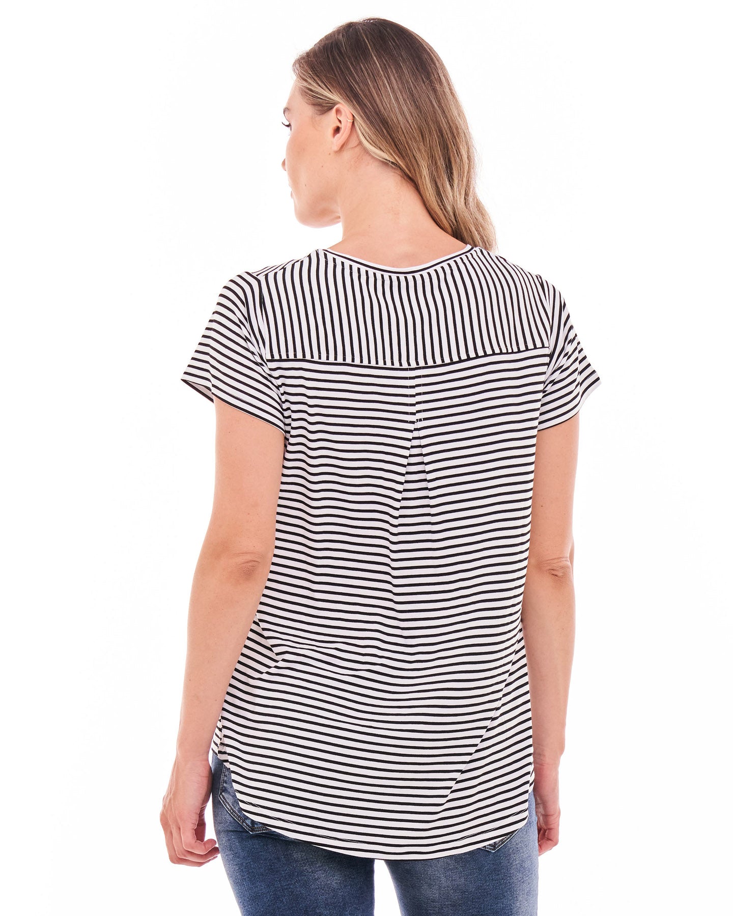 Matilda V-Neck Relaxed Draped Basic Tee - Noir Stripe