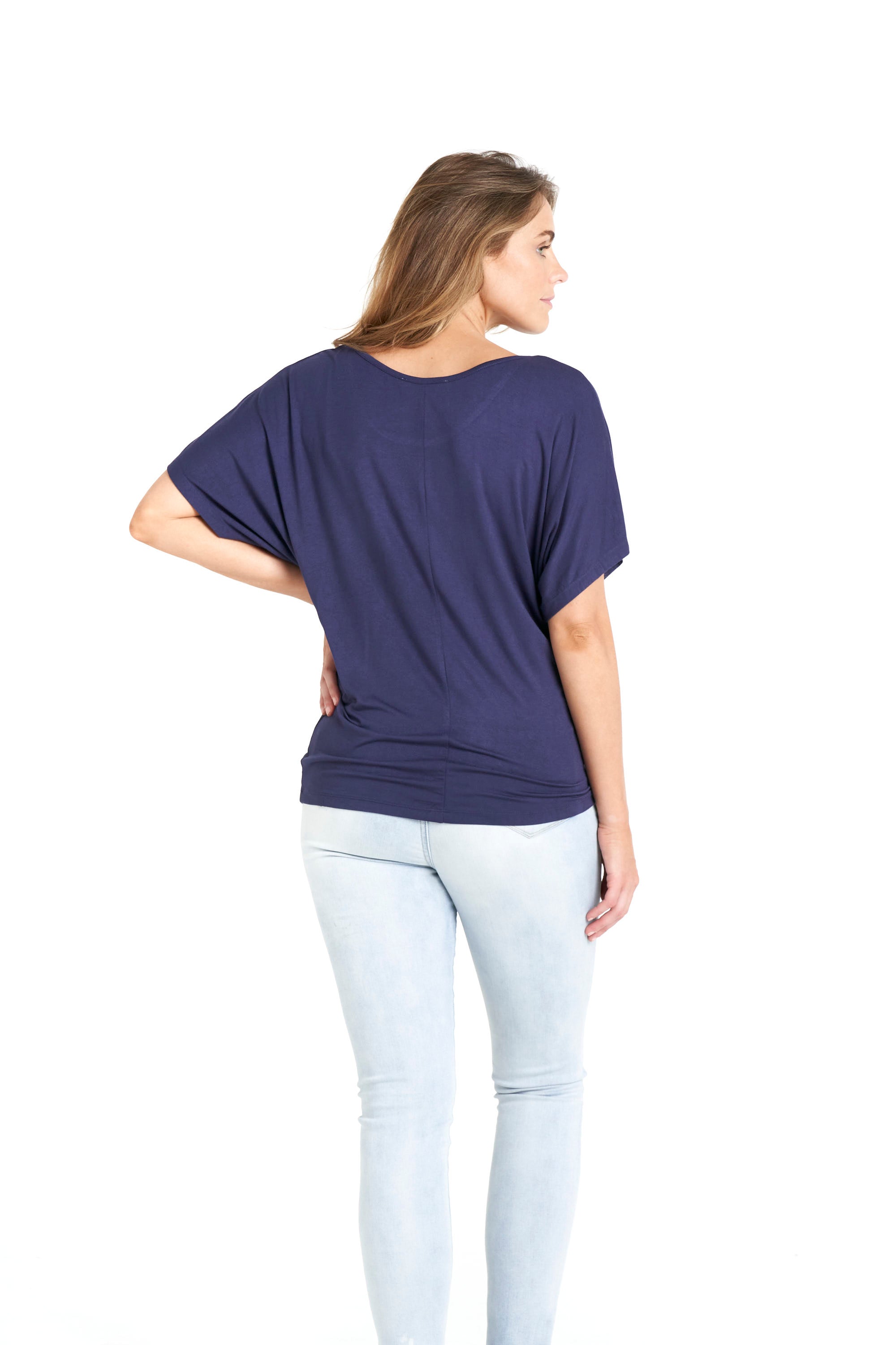 Milan Draped Relaxed 3/4 Sleeve Basic Top - Navy