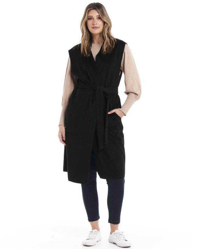 Alicia Belted Sleeveless Coat - Black