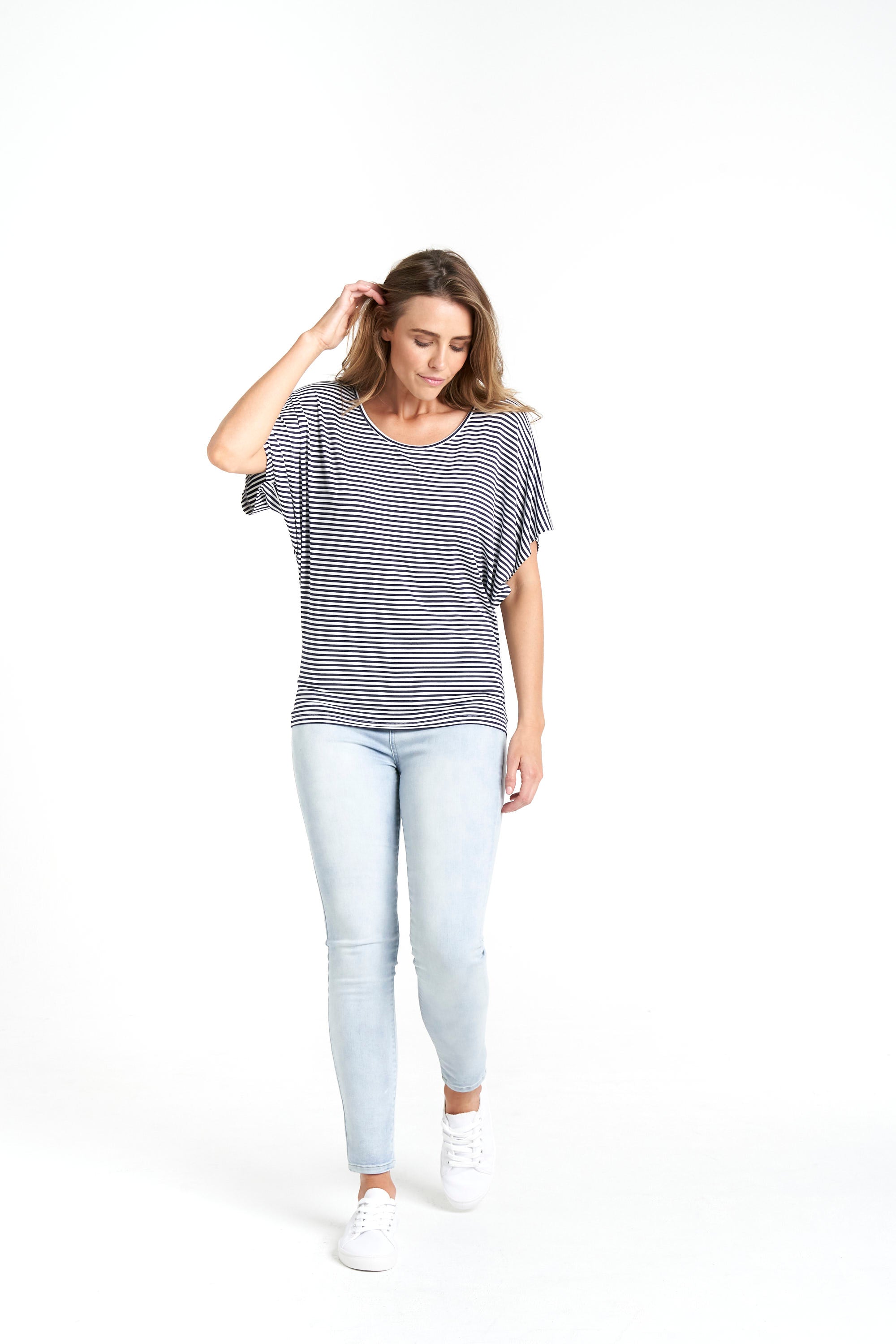 Milan Draped Relaxed 3/4 Sleeve Basic Top - Navy Blue/White Stripe