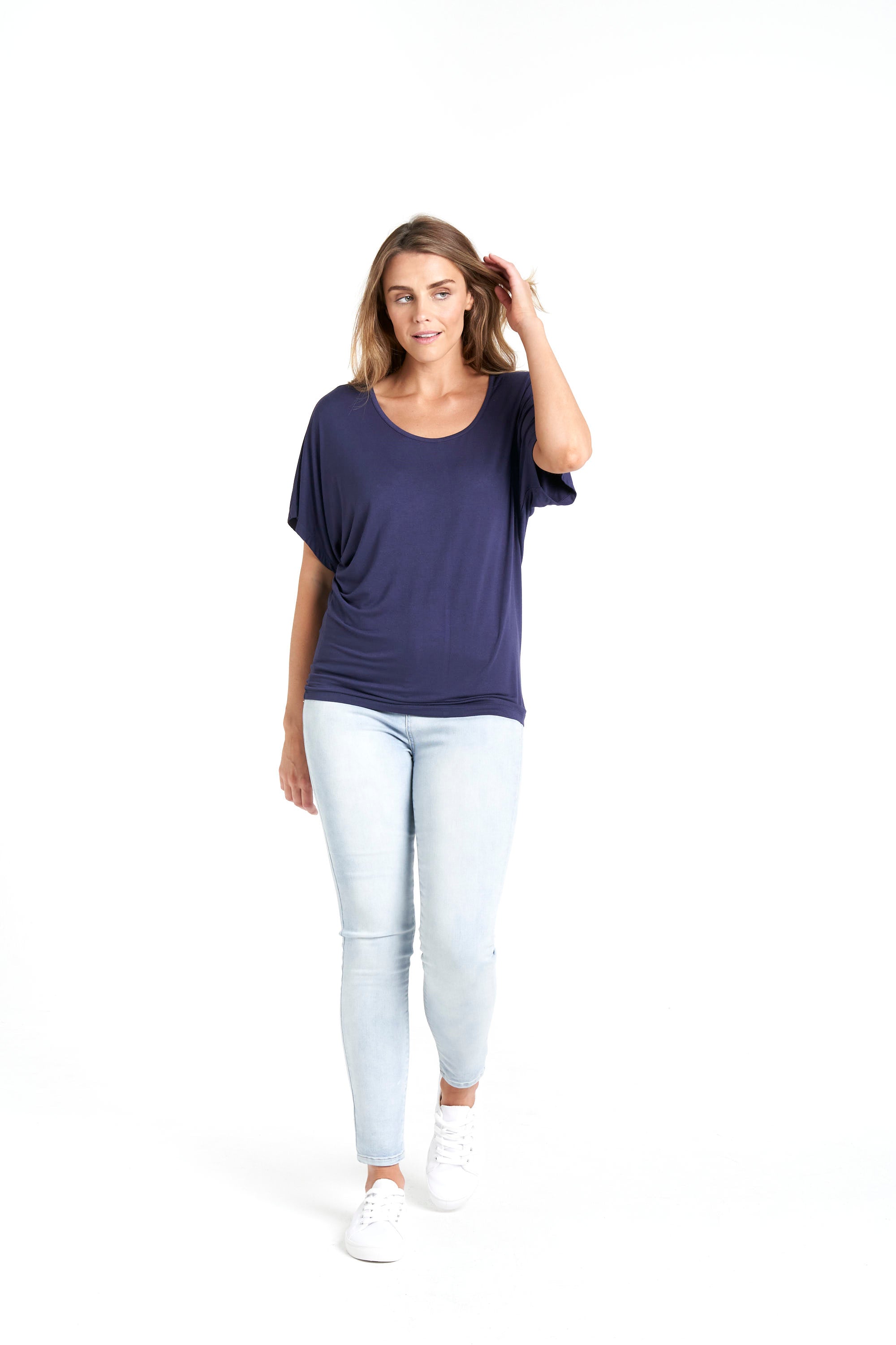 Milan Draped Relaxed 3/4 Sleeve Basic Top - Navy