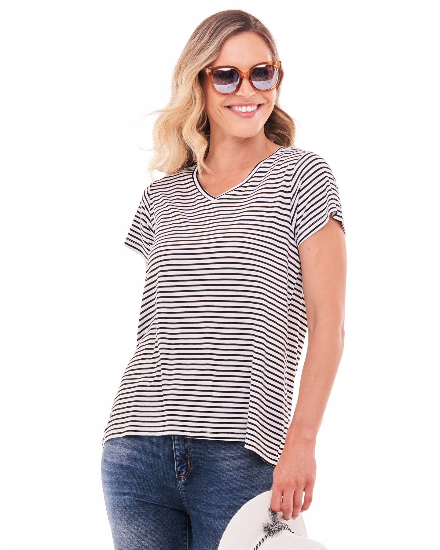 Matilda V-Neck Relaxed Draped Basic Tee - Noir Stripe