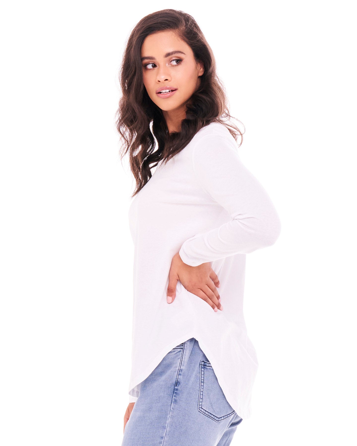 Megan Long Sleeve Cotton Basic Top - White